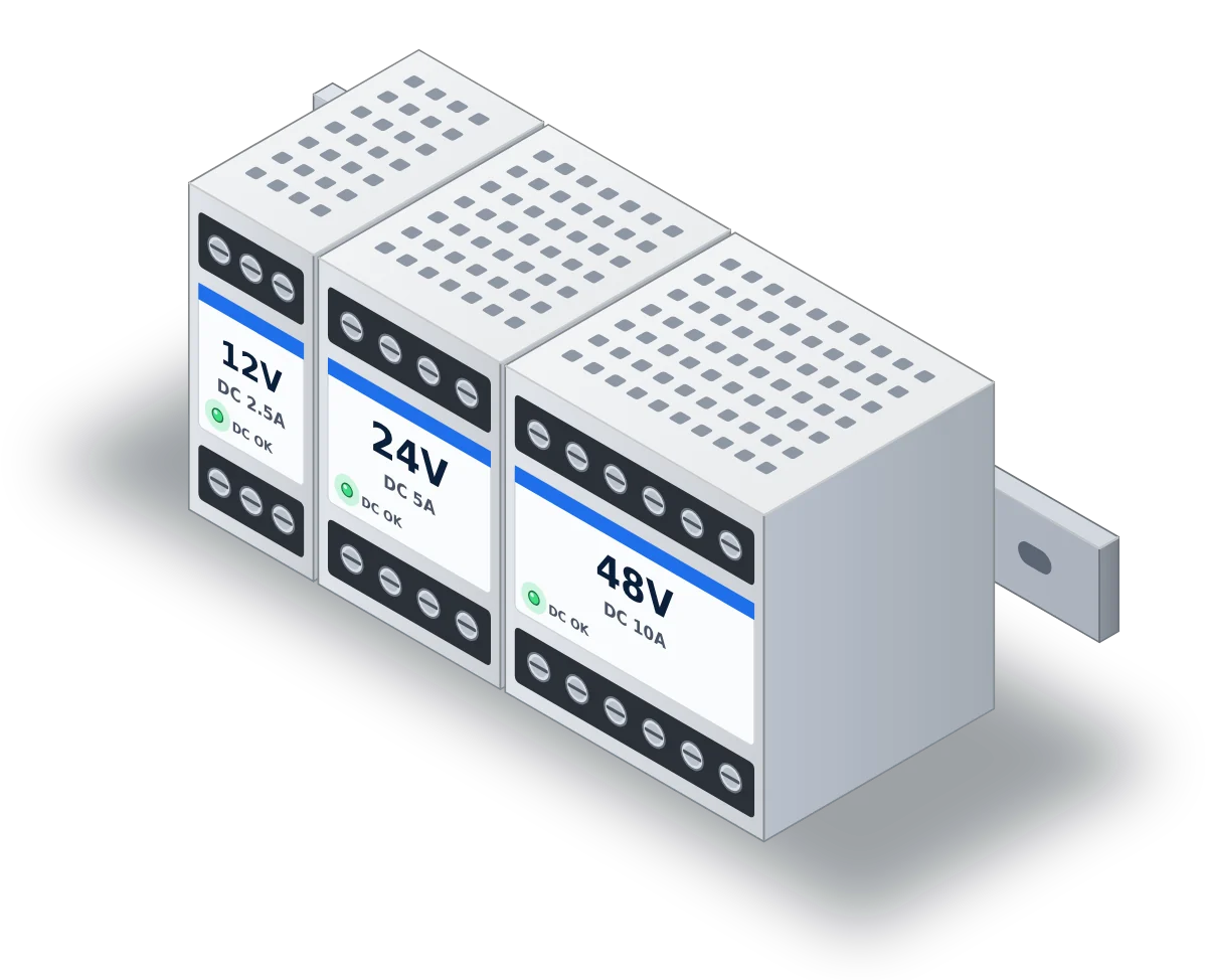 12V, 24V and 48V DIN rail power supplies mounted on a rail, available to source and replace