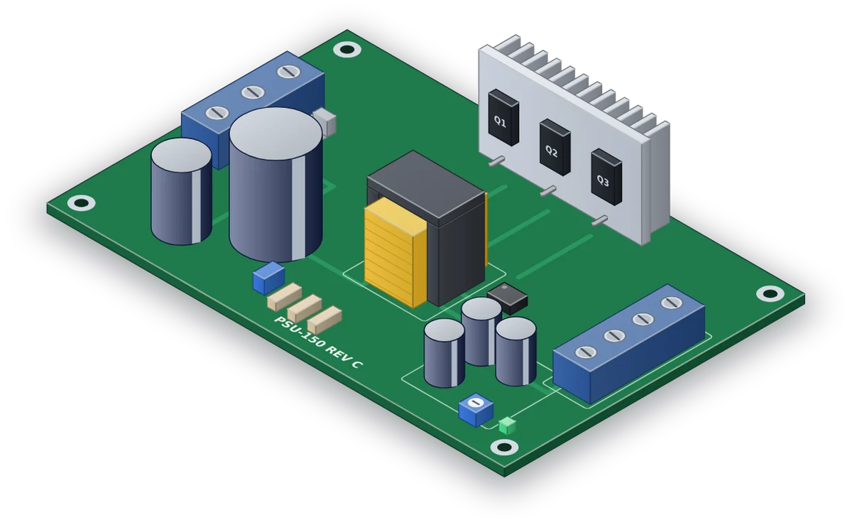 Open frame power supply circuit board with transformer, capacitors and heatsink ready for component-level repair